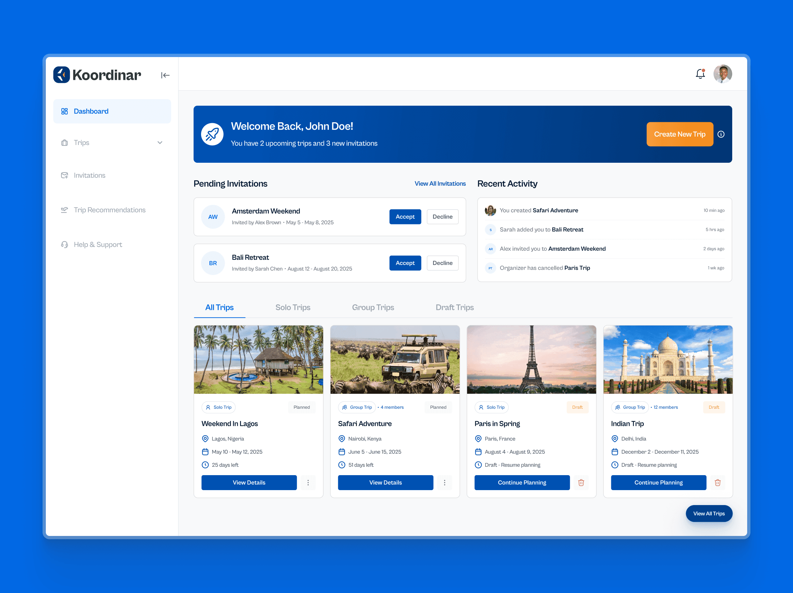 The Koordinar dashboard showing pending trip invitations, a recent activity feed, and a grid of upcoming trip cards.