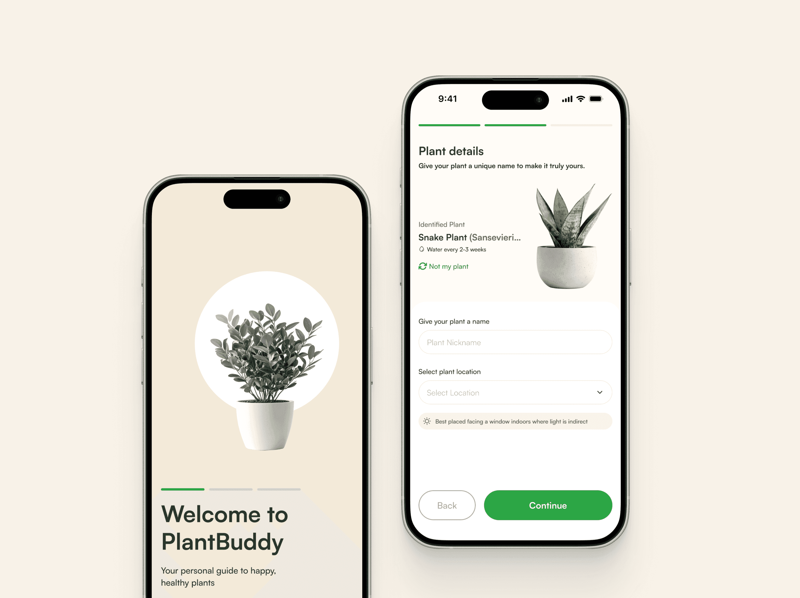 Two PlantBuddy onboarding screens: a welcome screen and a plant details form with an identified snake plant.